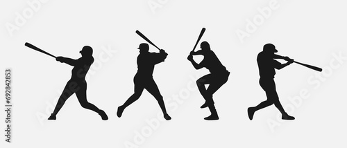 set of silhouettes of baseball player swinging the bat with different pose, gesture. batter. isolated on white background. vector illustration.