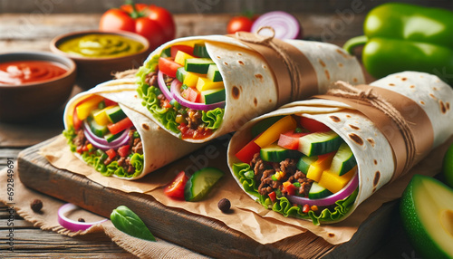 Tortilla wrap sandwiches with fresh vegetables and minced meat.