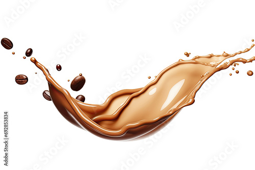 Milk Brown coffee liquid swirl splash and little bubbles with falling coffee Beans isolated on transparent png background, liquid fluid element flowing in form of wave.