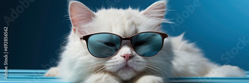 White British Cat Wears Blue Sunglasses, Comic background, Background Banner