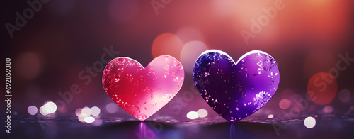 A vibrant display of love and celebration, as two magenta hearts adorned with glitter float among a sea of violet balloons, radiating colorfulness on valentine's day
