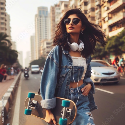 Indian young woman with a skateboard 