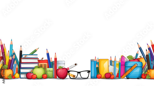 School education seamless border with cartoon school supplies, stationery. Back to school theme design. Isolated on white background. generative AI.