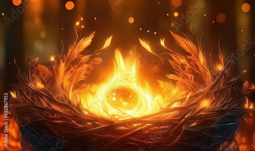 Abstract fire element in dark forest, nest burning. Generative Ai.