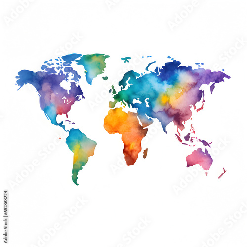 Colorful watercolor painting of the world map