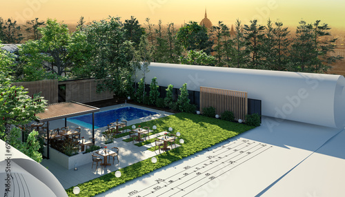 Entwurf eines Resorts mit Außengastronomie: Terrasse an einem Swimming Pool (Detail) - 3D Visualisierung