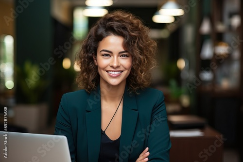 smiling woman business Successful portrait success happy fashionable casual attire young receptionist secretary apprentice assistant glamour fashion stylish looking latin hispanic computer