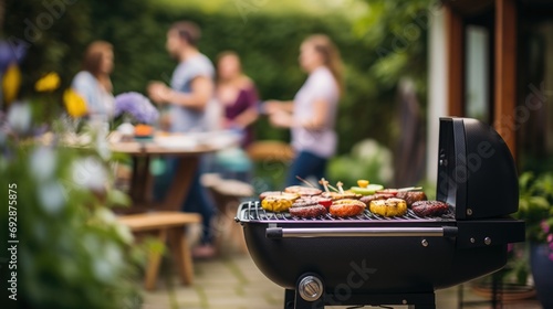 Barbeque grill in the garden and blurred friends in background 