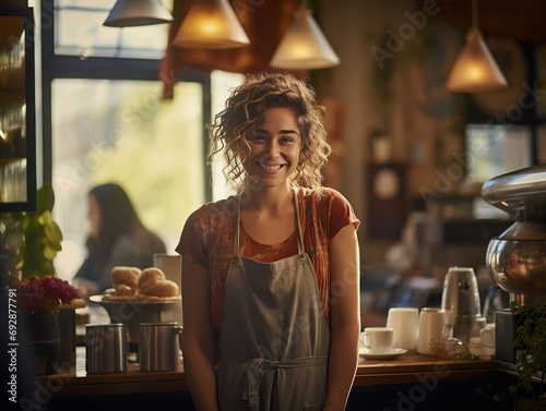 Portrait of confident female barista standing behind counter. Woman cafe owner in apron looking at camera and smiling