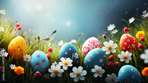 Happy Easter. Colorful Easter eggs decorated with flowers in the grass.