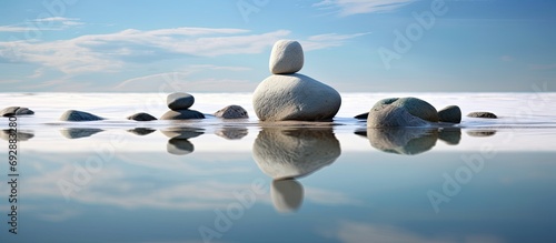 abstract art piece, a white splash of water contrasts against the isolated beachs serene background, evoking the peaceful nature of summer and inviting a sense of meditation while showcasing the rock