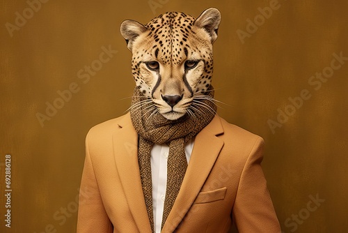 portrait monochrome Brown jacket cheetah Fashion profile style animal design character ai jacket casual attire lifestyle monochromatic 70s trend yellow portrait mascot print social pop media