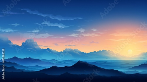 Tranquil Dawn Overlapping Mountains Under a Gradient Sky with Rising Sun and Clouds