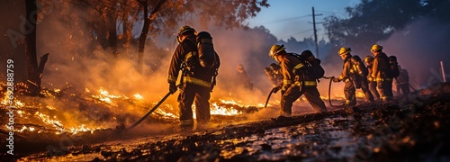 Fighting a forest fire with firefighters .