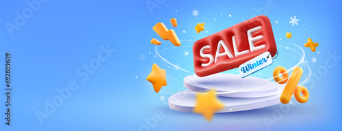Winter sale super wide vector banner. Discount offer illustration. Inflated 3d Sale word on pedestal with wind and snowflakes on light blue background. 