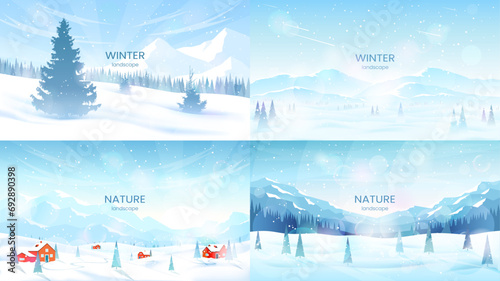 Mountain winter landscapes. Mountain ranges and coniferous forest, fir trees in snowdrifts, clear blue sky, sunny day. The concept of tourism, active recreation in winter, hiking. Vector illustration.