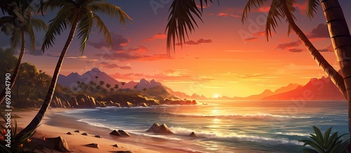 Stunning artwork of a tropical beach at sunset.
