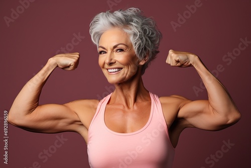 concept fitness proud smiling muscles arms showing clothes casual wearing woman greyhaired Senior strong power arm muscle strength healthy person body happy fit lifestyle success confident health