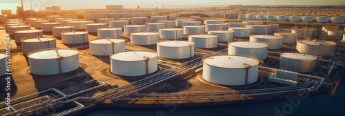 Oil storage tanks, aerial view, white oil storage tanks, chemical storage tanks, petroleum, petrochemicals, oil refinery products at sea oil depot.