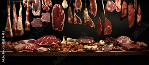 assorted meats displayed in a butcher store