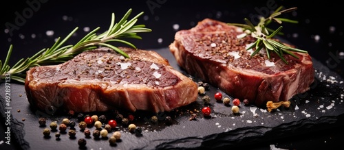 Close-up of dry aged wagyu rib-eye beef steaks, barbecued and served on a black board with herb and black salt, with space for text on right side.