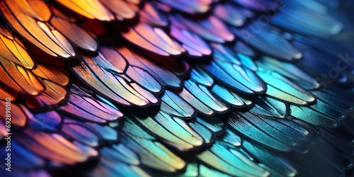 Close-up of vibrant butterfly wings under a microscope, displaying intricate patterns and textures