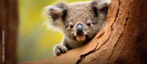 Adorable Australian koala baby in a tree.
