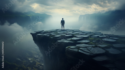 A man standing on a stone cliff
