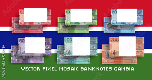 Vector set of pixel mosaic Gambia banknotes. Collection of notes in denominations of 5, 10, 20, 50, 100 and 200 dalasi. Obverse and reverse. Play money or flyers.