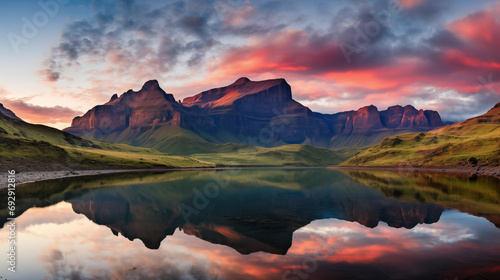 Drakensberg Mountain Reflections: Reflective surfaces of crystal-clear mountain lakes in the Drakensberg Mountains. Majestic peaks surround the serene waters.