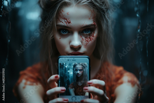 A beautiful girl with bloody cuts on the face is holding a phone with a scary photo on the screen . Blond pretty female with light skin and red nails is looking directly at the camera