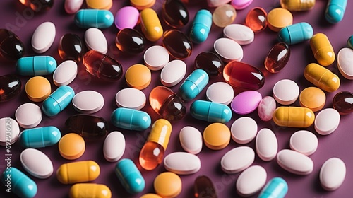 Close-up of Colorful pills, drugs and medications. Pharmaceuticals. Big pharma. Medicine background 