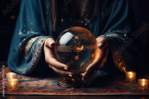 Fortune telling, witchcraft, mysticism and extrasensory perception concept. Close-up of a fortune teller's hand holding a clairvoyance ball