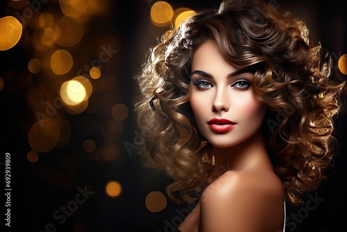 background dark holiday hairstyle curly makeup beautiful woman Beauty sexy brunette coiffure light make-up hair facial gorgeous lock model mystery mysterious brown glowing night glamour luxury