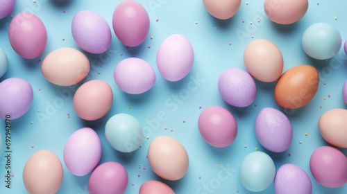 Colorful easter eggs on pastel blue background, top view