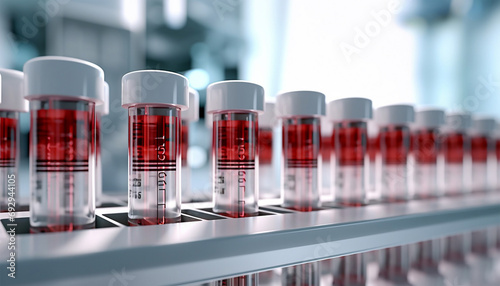 Medical test tubes. Tubes with blood in lab. Lab assistant, a medical scientist, a chemistry researcher a glass tube through the blood sample, does a chemical experiment and examines patient's