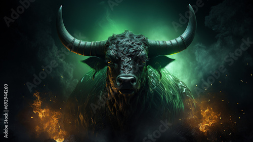 bull symbolizing bullish stock trends, glowing green in a modern polygon fashion