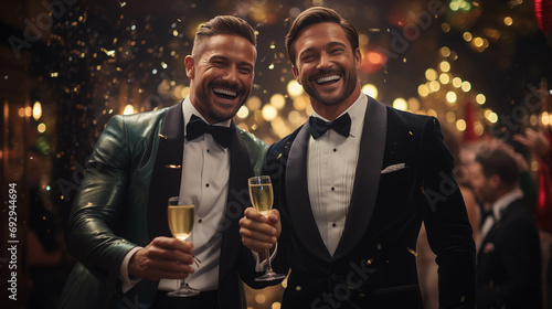 Portrait of two men holding a glass of champagne during New Year's party