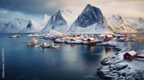 The landscape of a Norwegian town in winter. Fjerds, cabins, north. The beauties of northern life. Travelling. 