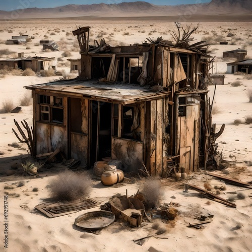 A dilapidated desert shack in a post-apocalyptic wasteland, the remnants of a once-thriving garden overtaken by sand. 