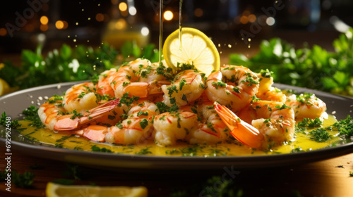 Plate of shrimp scampi sauteed in butter and garlic