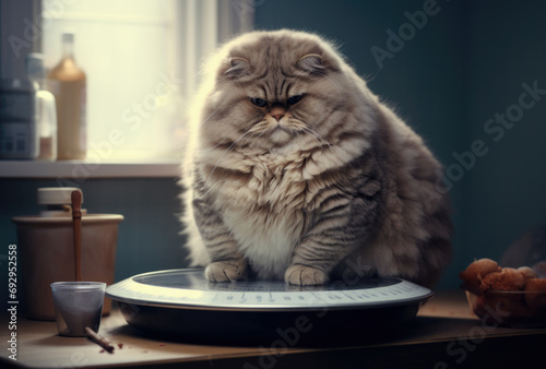 Fat cat on scales on. Weight control concept. Copy space.