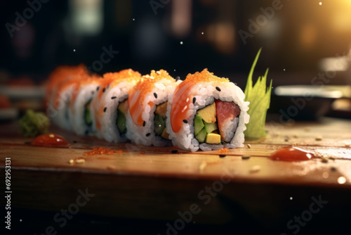 sushi on wooden board on dark background