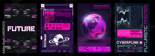 Collection of modern abstract posters. In acid style. Retro futuristic design elements, perspective grid. Translation-Futuristic. Vector illustration