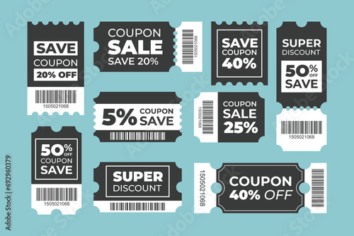 Various Vintage Discount promotion voucher set collection, special offer gift coupon template with ruffle edges and barcode, gift voucher, coupon book, 