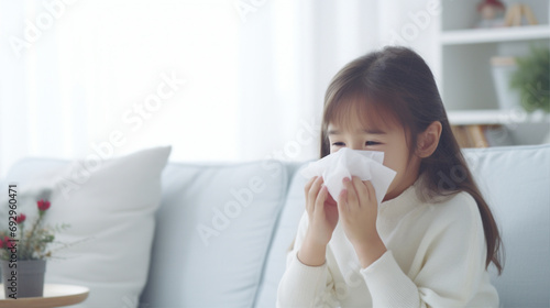 ティッシュで鼻をかむ女の子 Asian girl blowing her nose with tissue