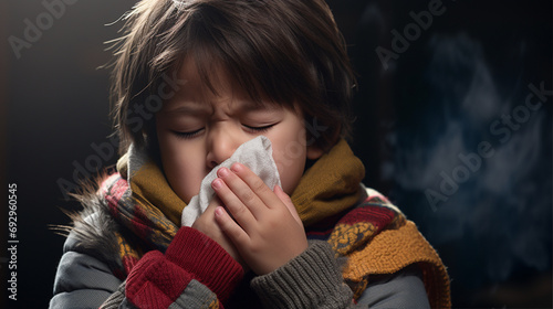 ティッシュで鼻をかむ男の子 Asian boy blowing his nose with tissue