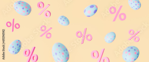 3d rendering of blue and pink polka-dotted Easter eggs floating amidst pink percentage symbols on a pale yellow background, symbolizing a festive sale.