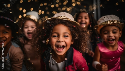 Cheerful diverse children having kid's Happy Birthday party with confetti and shimmering glitter birthday hats