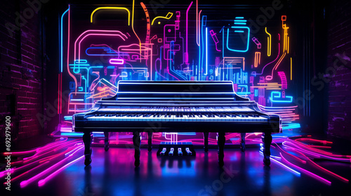 Vibrant neon light graffiti with a series of black and white piano keys on a musical 3D surface